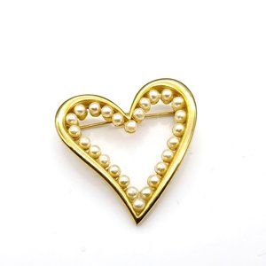 Classic Heart Love Brooch, Vintage Gold Tone and Faux Pearl Lapel Pin